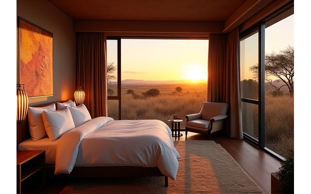 Luxurious safari lodge interior with panoramic window overlooking a savanna, plush furnishings, and warm lighting.