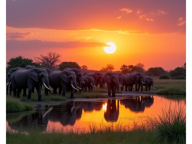 A herd of elephants drinking at a watering hole at sunset in Botswana's Okavango Delta.