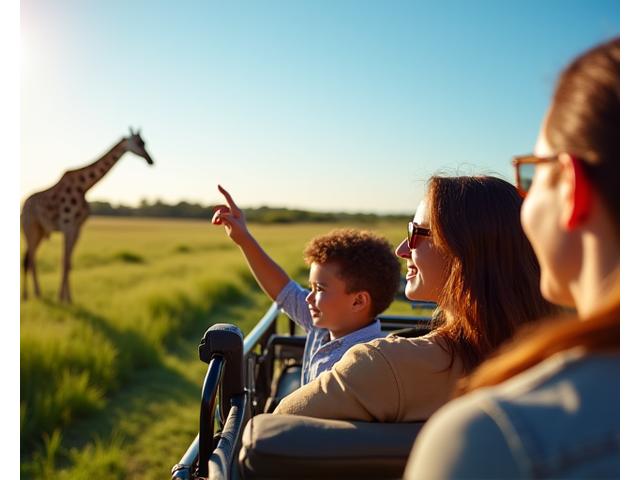 Family, parents and child, on a safari vehicle looking at a giraffe, smiling.