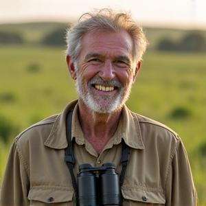 Smiling senior male naturalist guide in safari attire, holding binoculars, amidst African savanna.