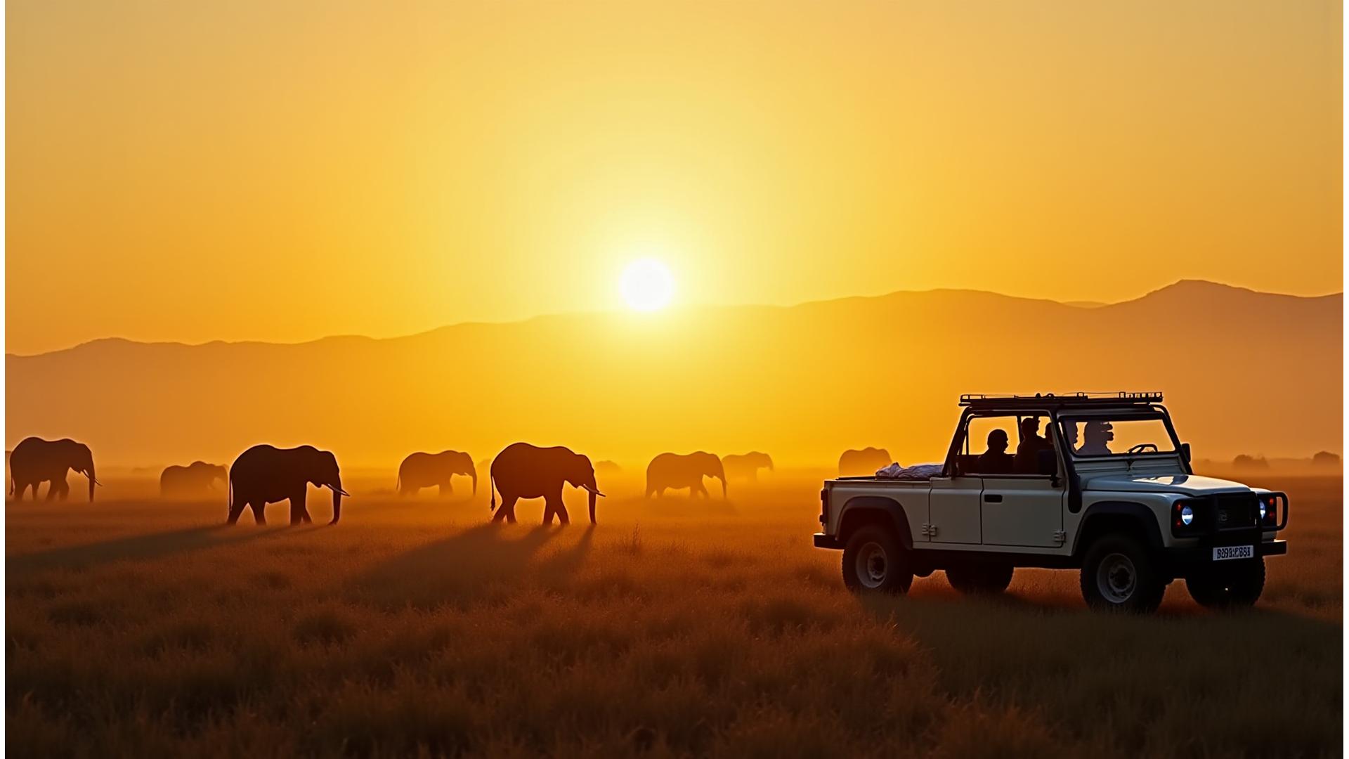 Panoramic view of a safari jeep under a vast African sky at sunrise, with elephants silhouetted in the distance.