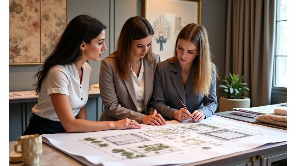 A team of professional event planners in discussion, reviewing luxury event blueprints