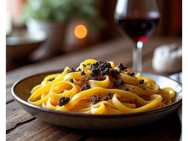 Freshly made pasta with truffle shavings on a rustic Italian table.