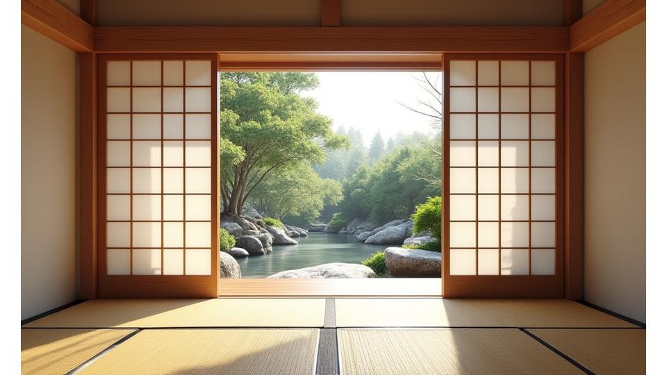 Traditional Japanese ryokan with minimalist design, private onsen, and garden view
