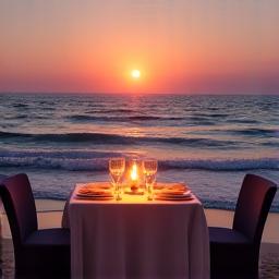 An elegantly set candlelit private dining table on a secluded beach