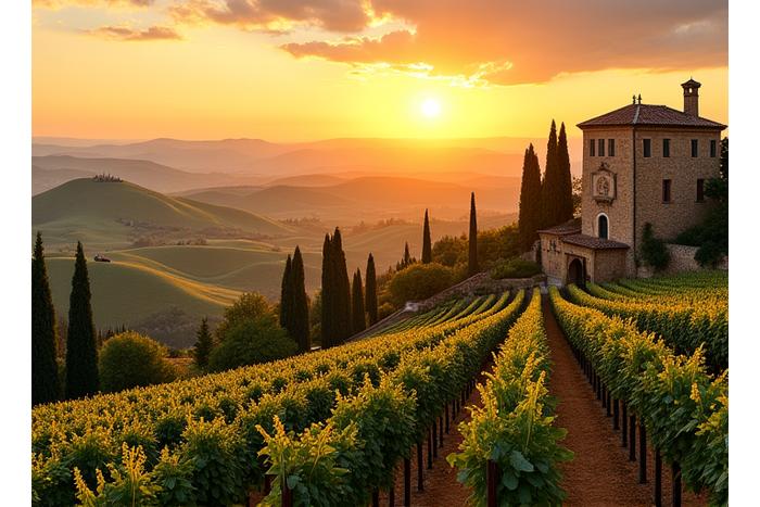 Historic Tuscan villa surrounded by rolling vineyards and cypress trees at sunset