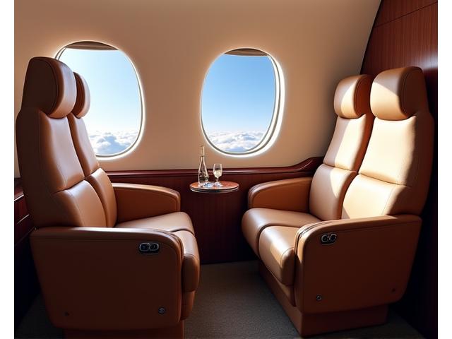 Spacious mid-size jet interior with luxurious leather seats