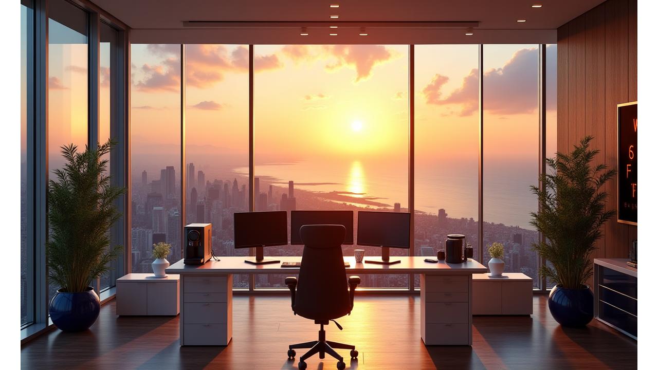 Panoramic view of a luxurious remote workspace overlooking a vibrant cityscape