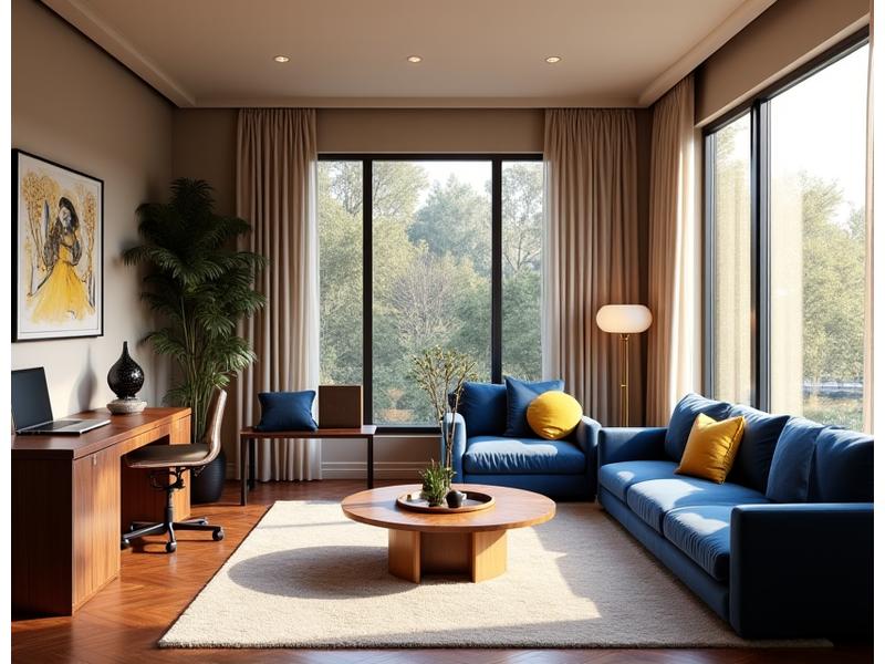 Spacious, elegantly furnished private residence living room with a designated quiet workspace