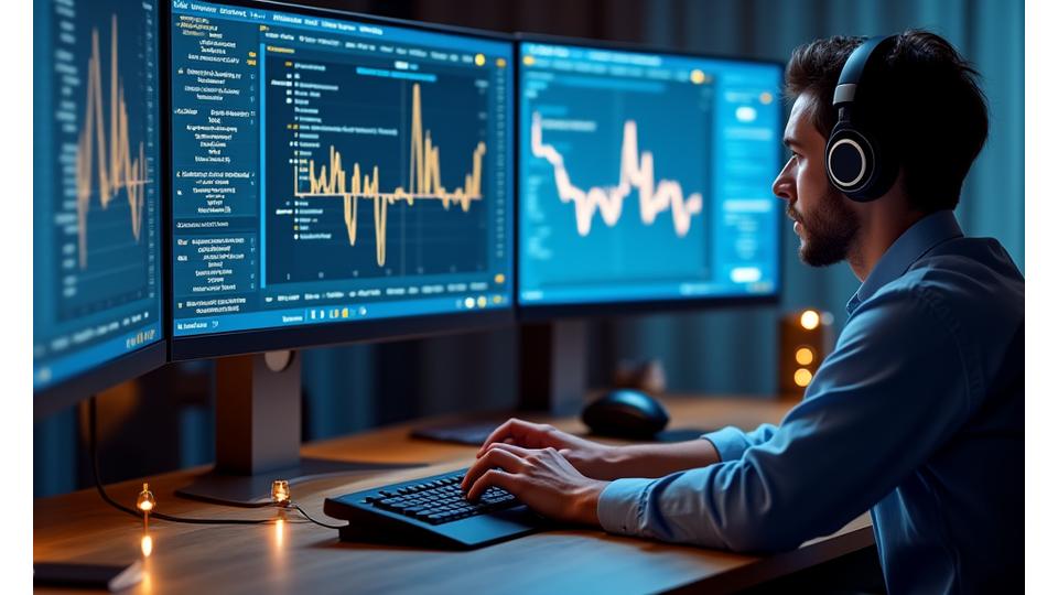 Sleek, modern desk setup with multiple monitors, ergonomic chair, and high-speed internet indicators