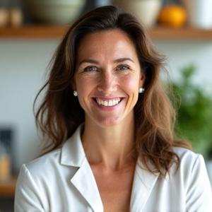 Portrait of Dr. Elara Vance, holistic nutritionist, vibrant and approachable