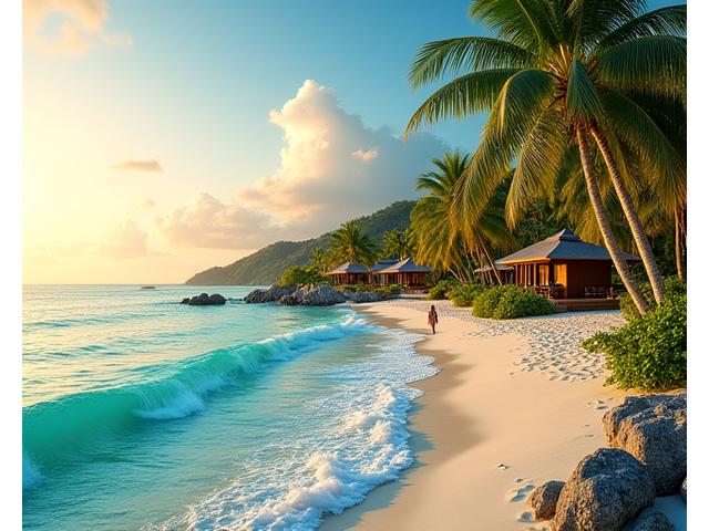 Exotic panoramic view of a tropical wellness resort with private beachfront villas, turquoise ocean, and lush palm trees, sunrise