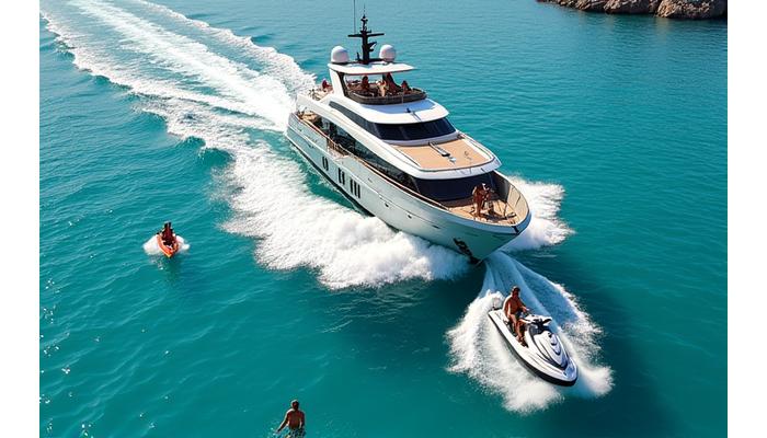 Guests enjoying water sports activities like jet-skiing and paddleboarding from a superyacht's swim platform.