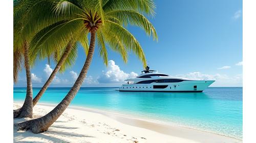 White sand beach with palm trees and a superyacht sailing in the vibrant turquoise waters of the Caribbean.