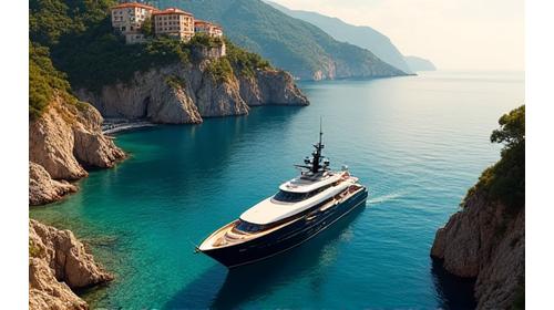 Aerial view of a secluded cove on the Amalfi Coast, Italy, with a superyacht anchored in clear blue water.