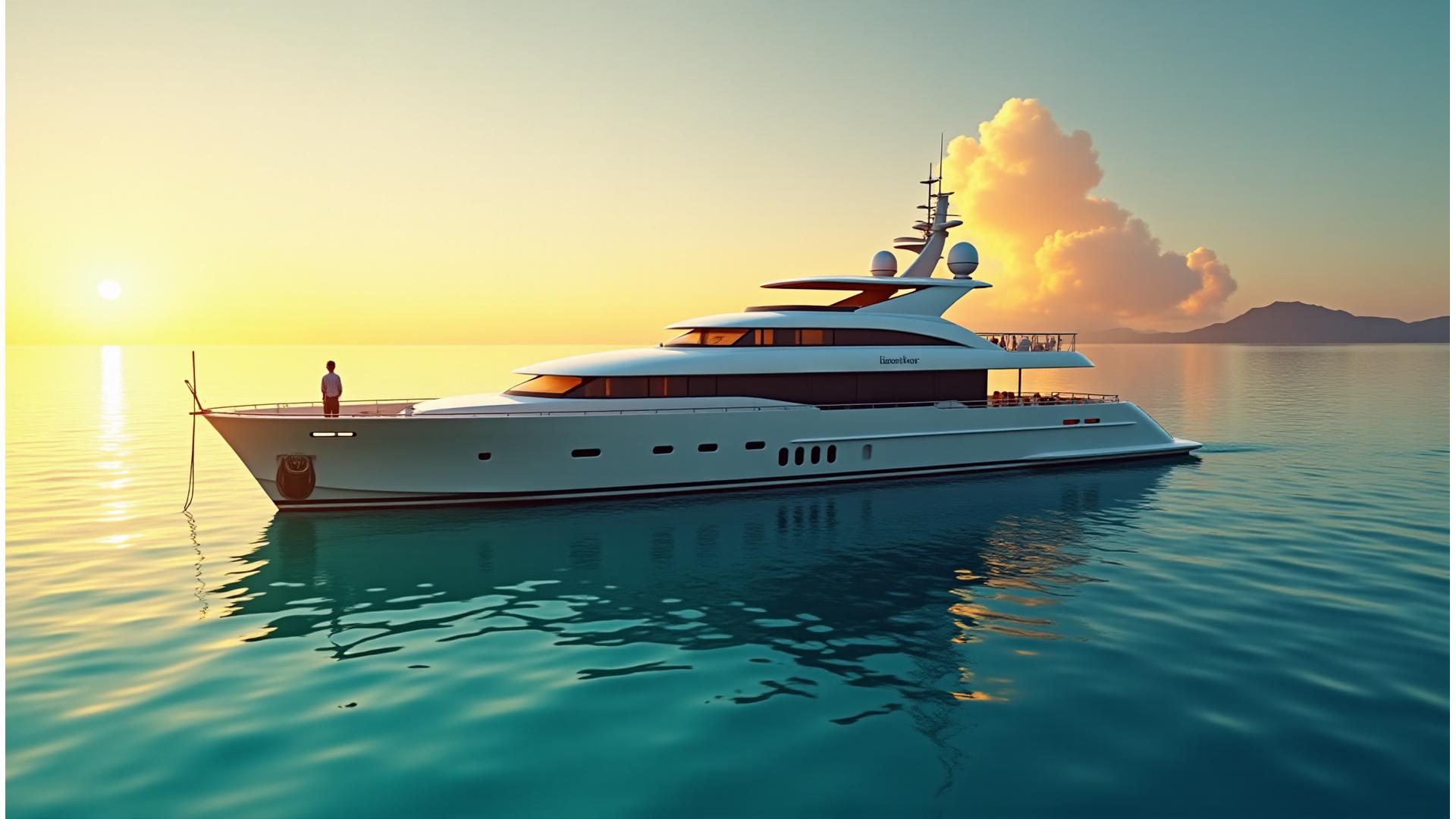 Ultra-luxury superyacht navigating crystal-clear turquoise waters at sunset, with a wealthy man at the helm enjoying the view.